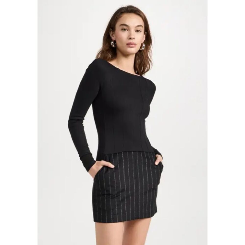 NWT Jason Wu Tailored Ponte Pinstripe Long Sleeve Mini Dress Size 6 Black